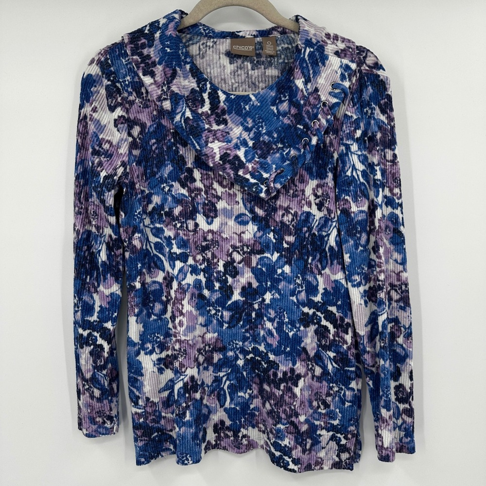 Chico's Floral Print Cowl Lace Up Neck Long Sleeve Ribbed Top Women Size 0 Small